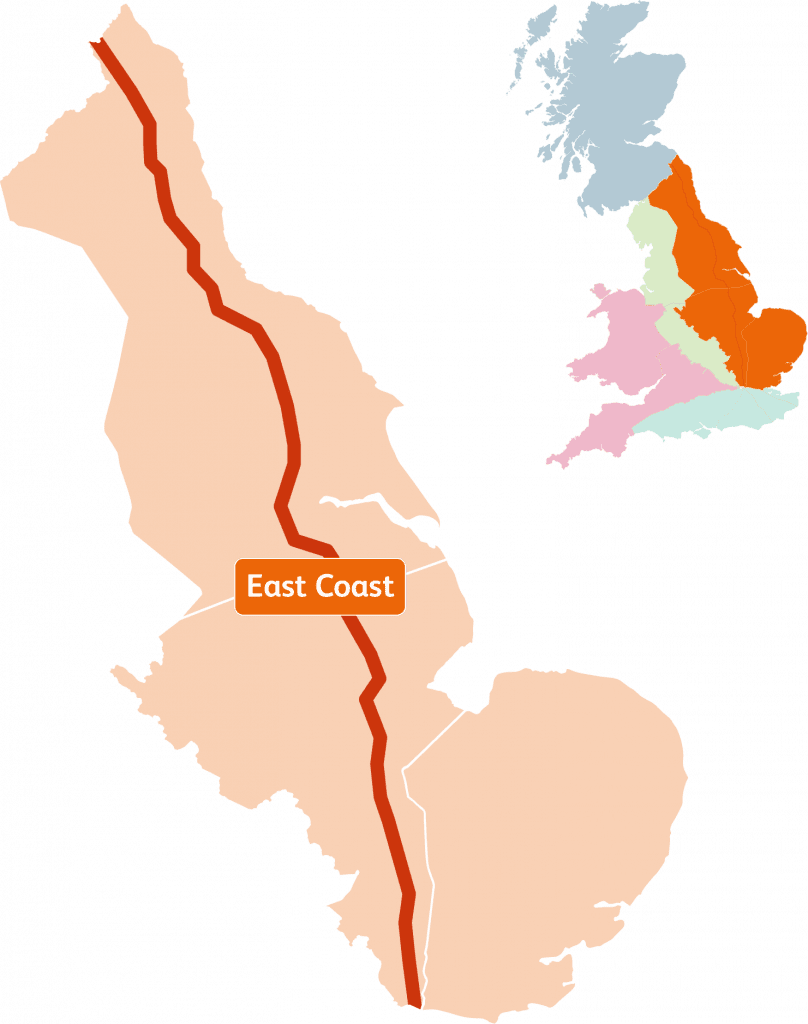 Map showing East Coast route