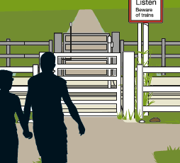 Graphic showing pedestrians approaching a gate
