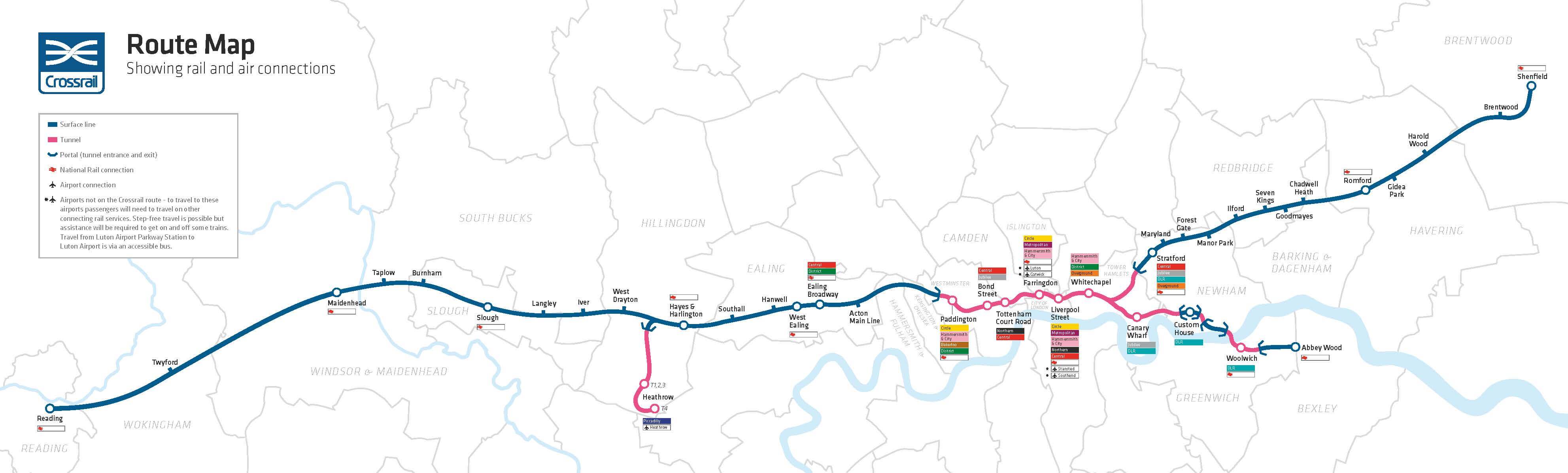 Crossrail route map showing rail and air connections between Reading and Shenfield