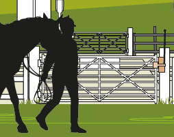Graphic showing a horse being led by its rider in front of railway gates