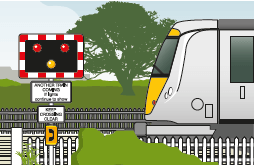 Graphic showing train approaching a level crossing