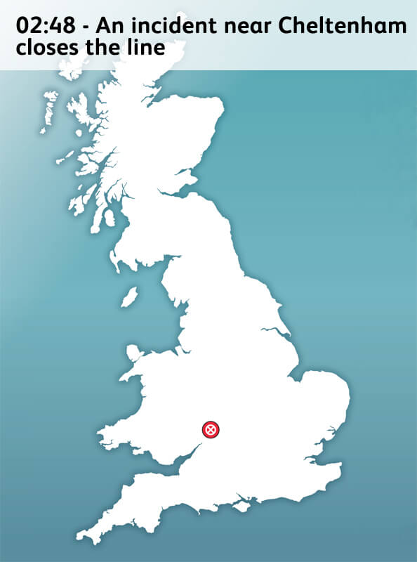 Map of the UK showing a red dot where an incident near Cheltenham closes the line
