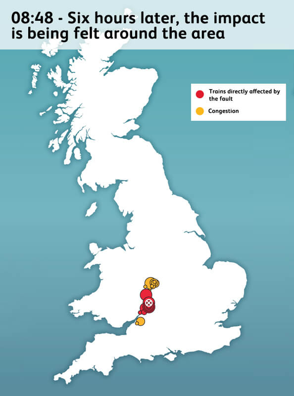 Map of the Uk with red dots showing where train services are continuing to be affected six hours after the initial incident