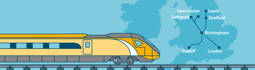 Train graphic with a map of England