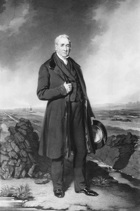 A portrait of George Stephenson with hat in hand and a steam train in the background