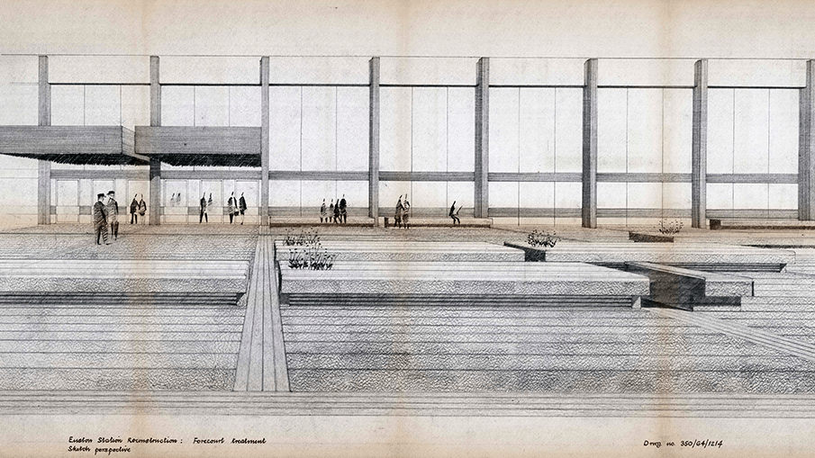 Old drawing of Euston station forecourt