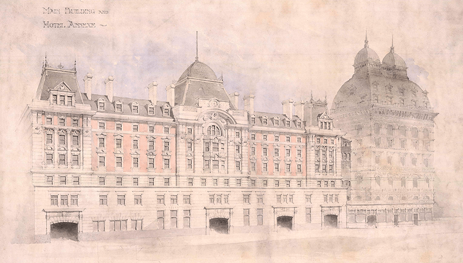 historical drawing of Victoria station main building and hotel annexe