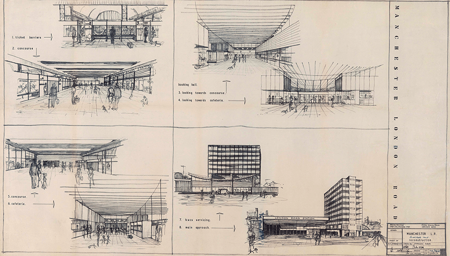 eight drawings on a page showing different views of Manchester Piccadilly station