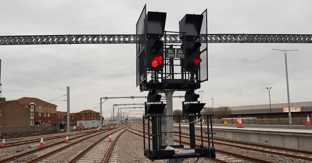 Two signal lights on red at Blackpool North.