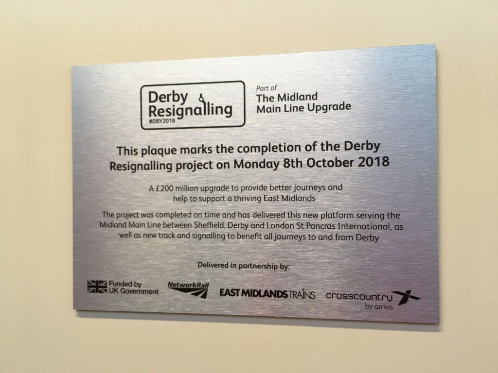 This plaques marks the completion of the Derby Resignalling project on Monday 8 October 2018