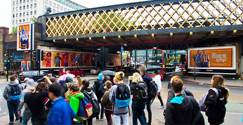 Advertising boards outside a station