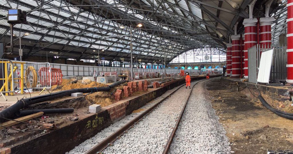 Track and platform works under the station roof at Liverpool Lime Street in 2017.