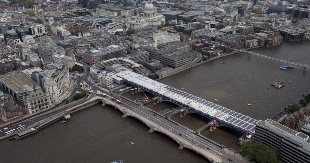 Aerial shot of Blackfriars bridge over the River Thames, daytime