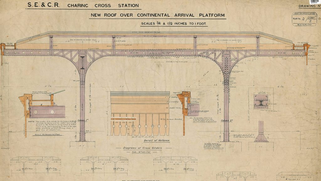 Original drawing of the new roof at London Charing Cross station