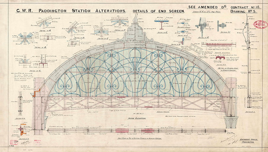 Original drawing of the roof at London Paddington station from the Network Rail archive