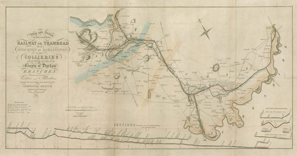 A page from George Stephenson's notebook showing a map of the Stockton and Darlington Railway