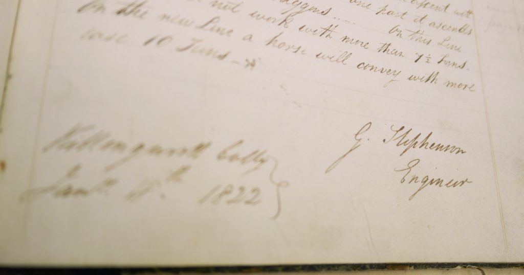 Close-up of George Stephenson's signature in the George Stephenson notebook