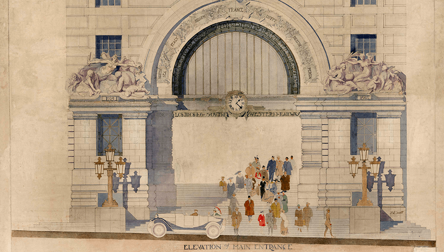 Original drawing from the Network Rail archive of the memorial arch at the main entrance of London Waterloo station