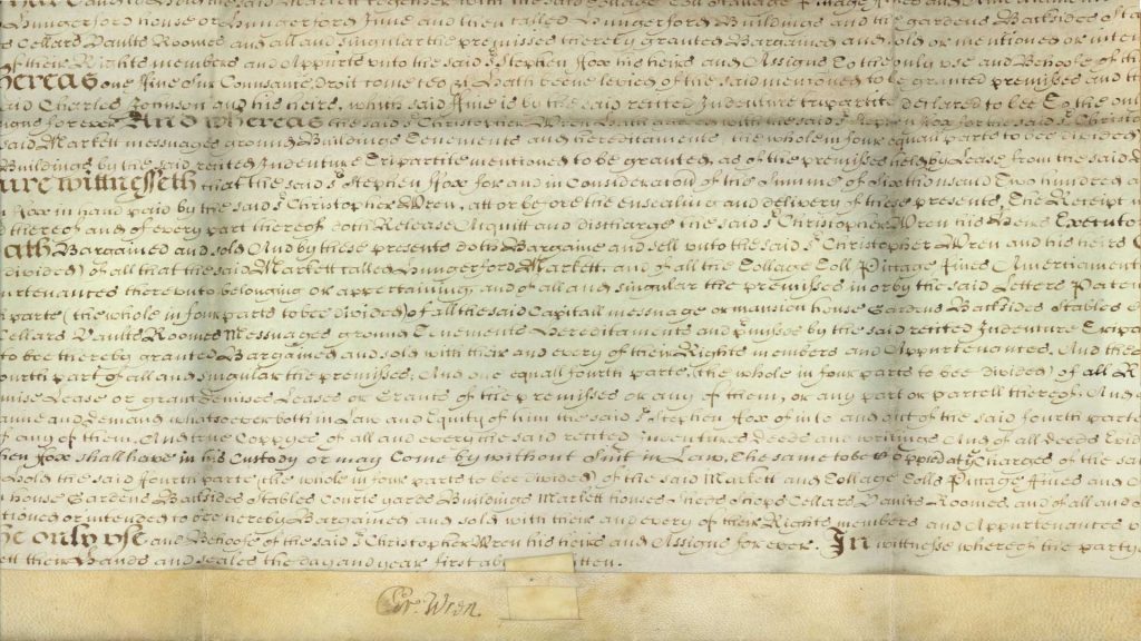 A deed signed by architect Sir Christopher Wren