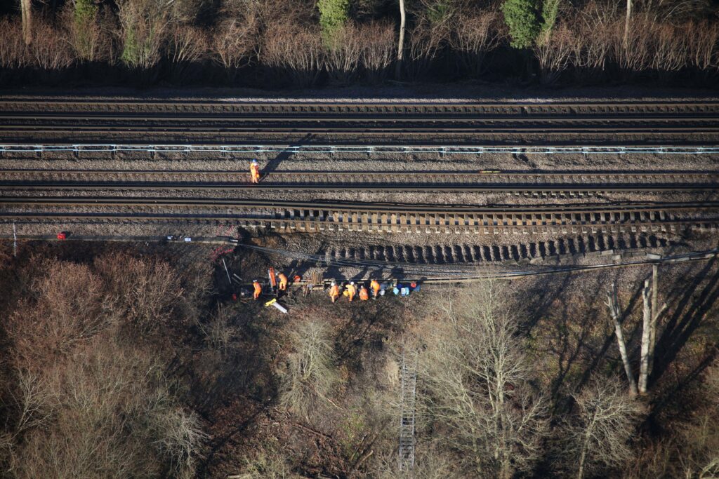 Aerial view of the landslip near Hook station in Hampshire.