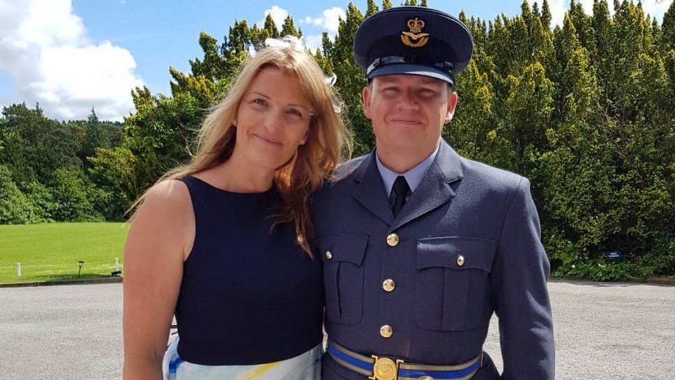 RAF veteran Alan Pattison in uniform with his wife, daytime
