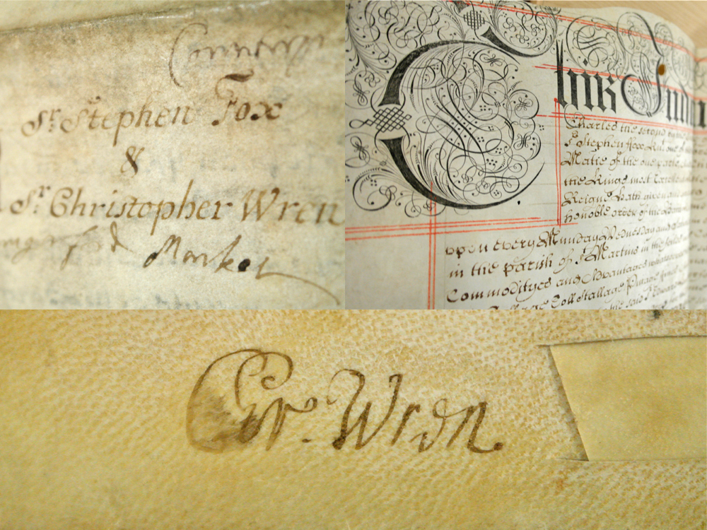 Collage of close-ups of original documents from the Network Rail archive, including a close-up of Sir Christopher Wren's signature
