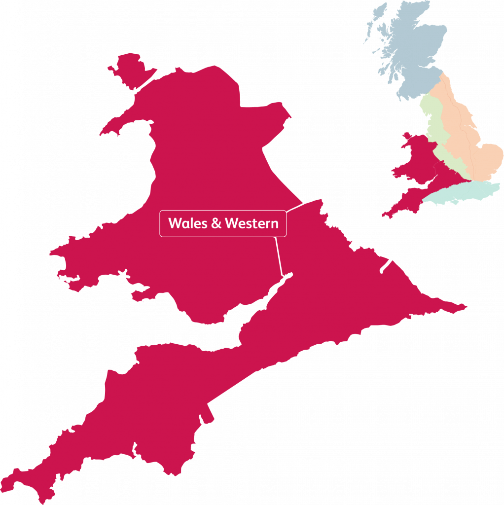 Map showing Wales and Western region