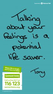 Poster with handwritten words "Talking about your feelings is a potential life saver"