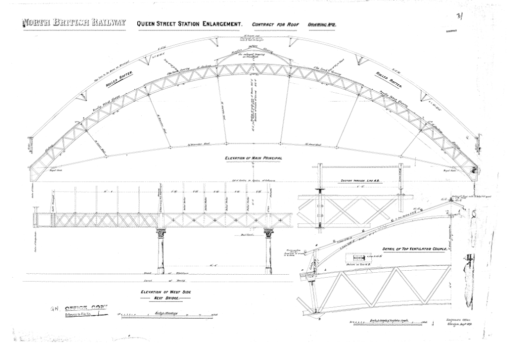 Original line drawings of the roof of Glasgow Queen Street station