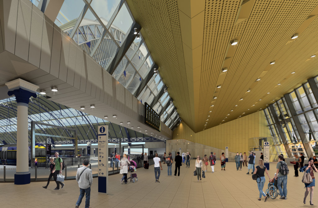 Artists concept for the inside of Glasgow Queen street station, with glass roof panels