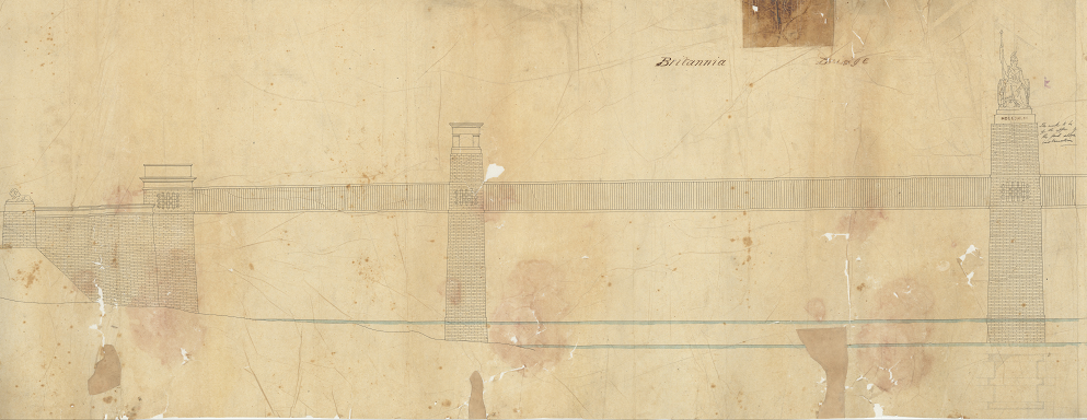 This Britannia Bridge drawing shows statues in the original designs that were never built