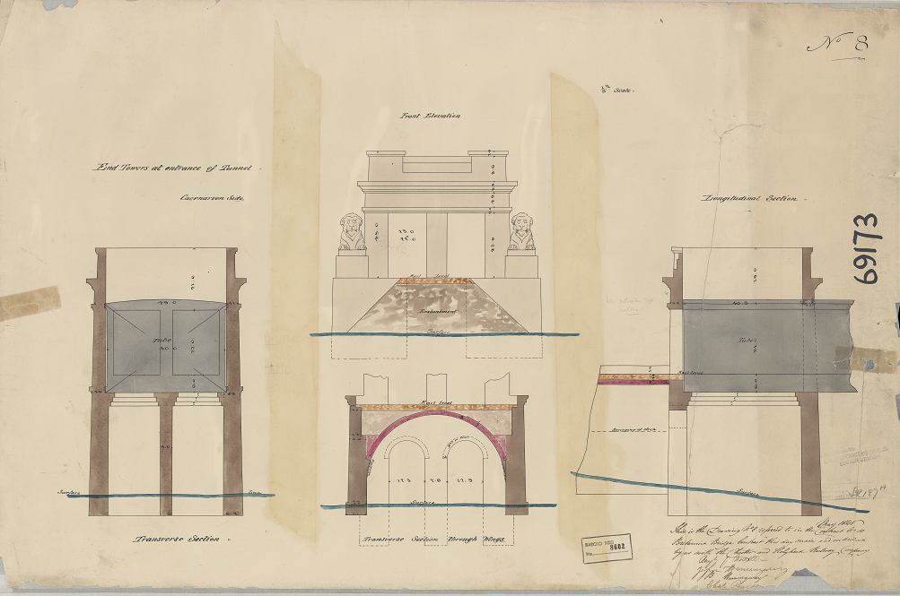 The famous lions and front elevation of Robert Stephenson's Britannia Bridge in Wales