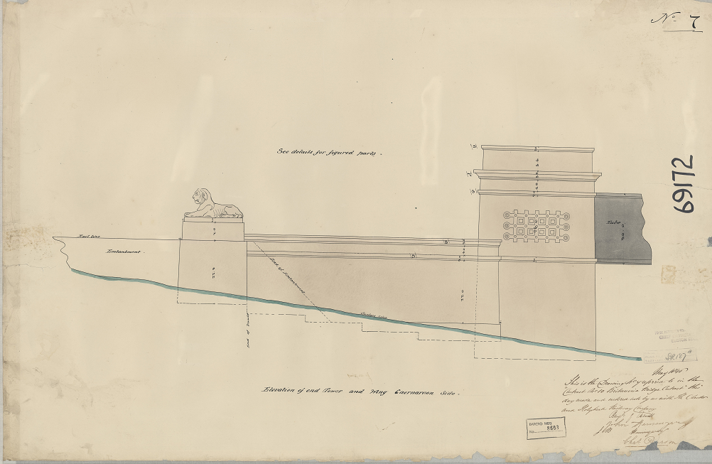 Profile of the Britannia Bridge, with the Egyptian temple-style towers