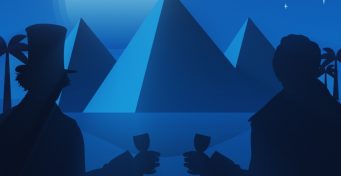 Drawing from an animation of Robert Stephenson and Isambard Kingdom Brunel enjoying a drink in front of pyramids and palm trees.