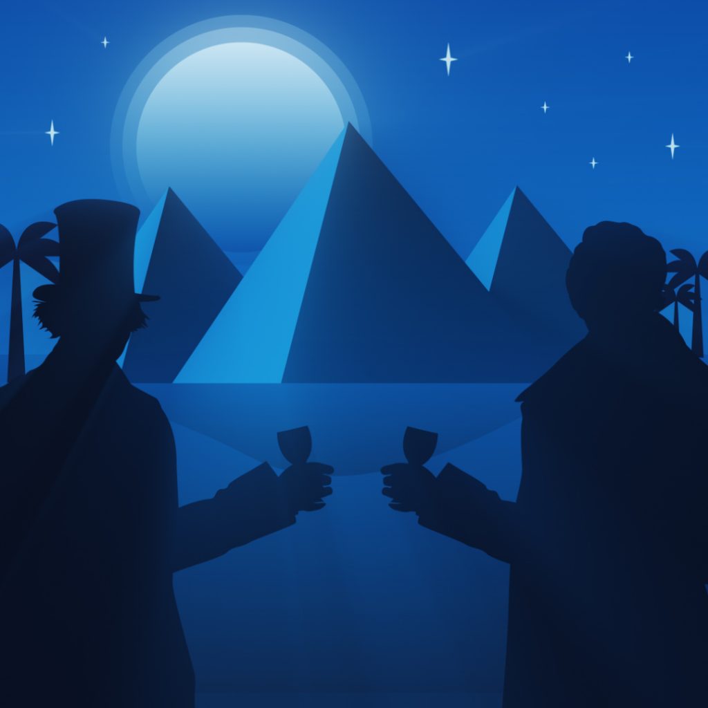 Drawing from an animation of Robert Stephenson and Isambard Kingdom Brunel enjoying a drink in front of pyramids and palm trees.