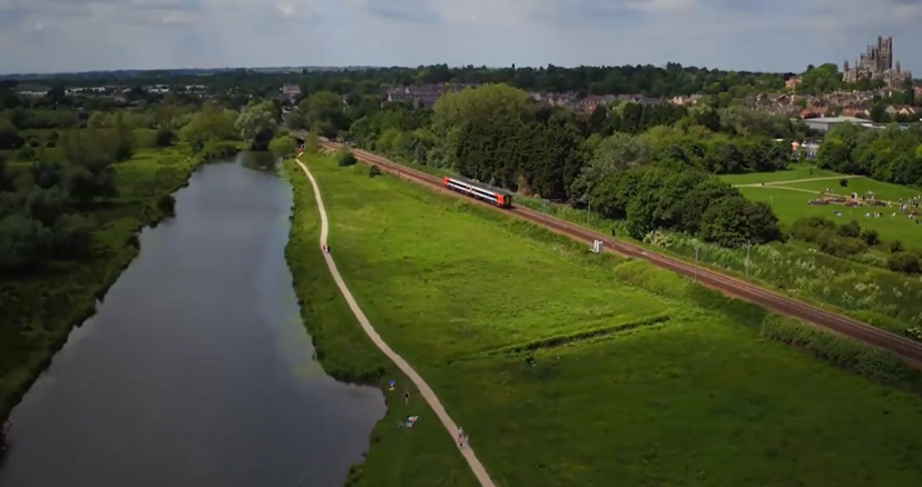 Aerial view of railway line through Ely, looking south