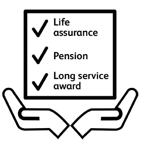 a pair of hands holding a box with the writing life assurance, pension and long service award