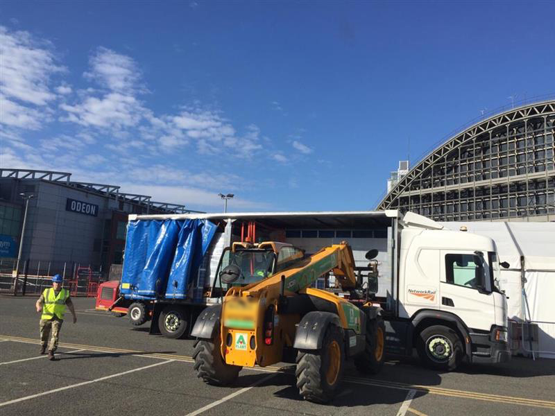 Network Rail lorry during the setting up of a Nightingale hospital in Manchester, daytime