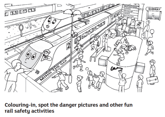 Colouring in sheet of the hazards to spot at a railway station.