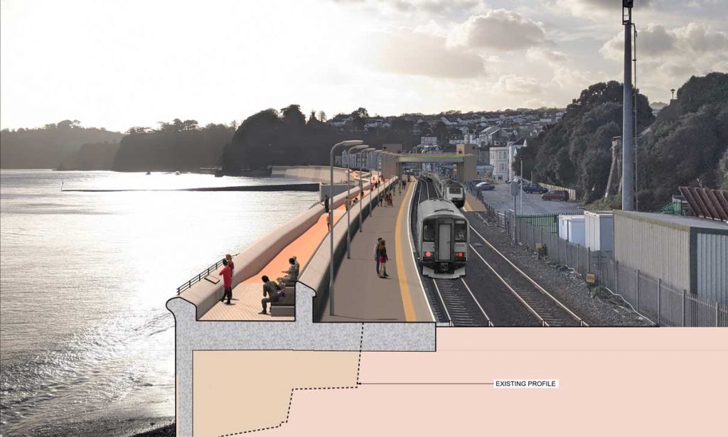 Artist impression view of new promenade towards Dawlish station with train