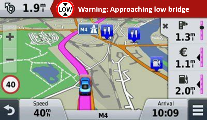 Screenshot from a sat nav, alerting the user that they are approaching a low bridge 