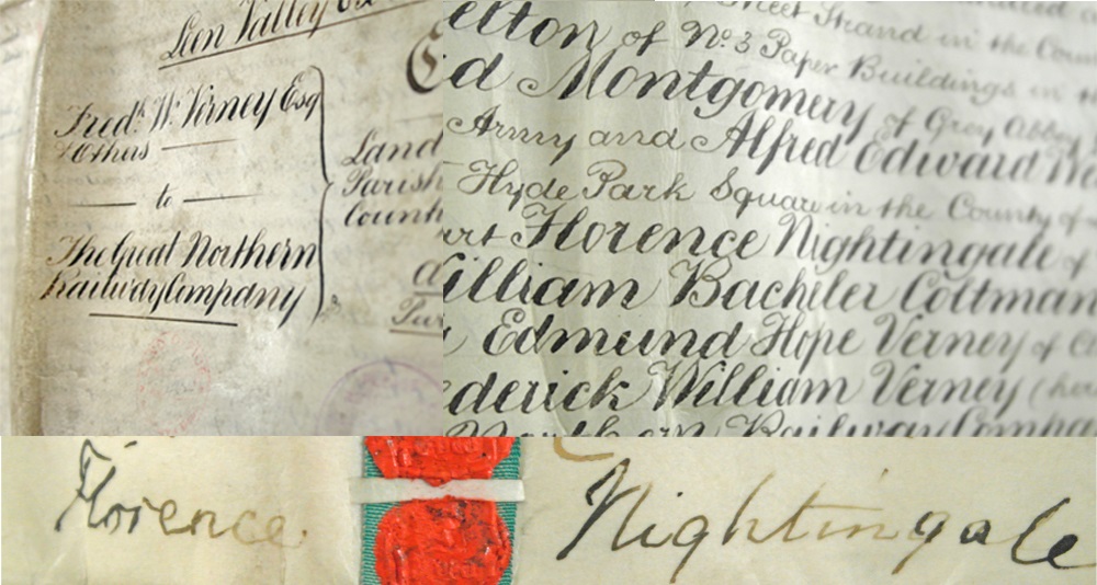 Close up of a document from the Network Rail archive with Florence Nightingale's signature