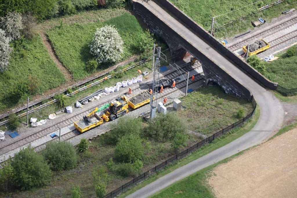 Aerial shot of track works on the west coast Main Line