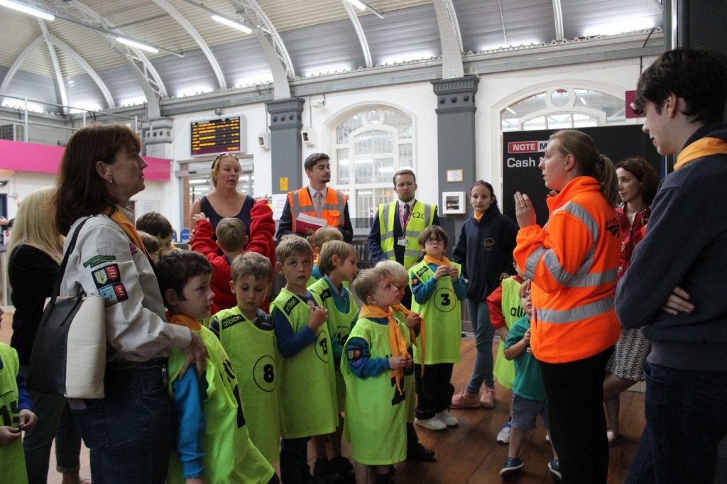 Children at station being taught safety on the railway