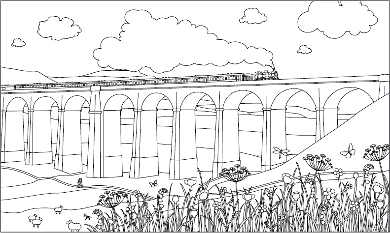 A colouring in sheet of a steam train going over the Ribblehead Viaduct with flowers and insects in the foreground.
