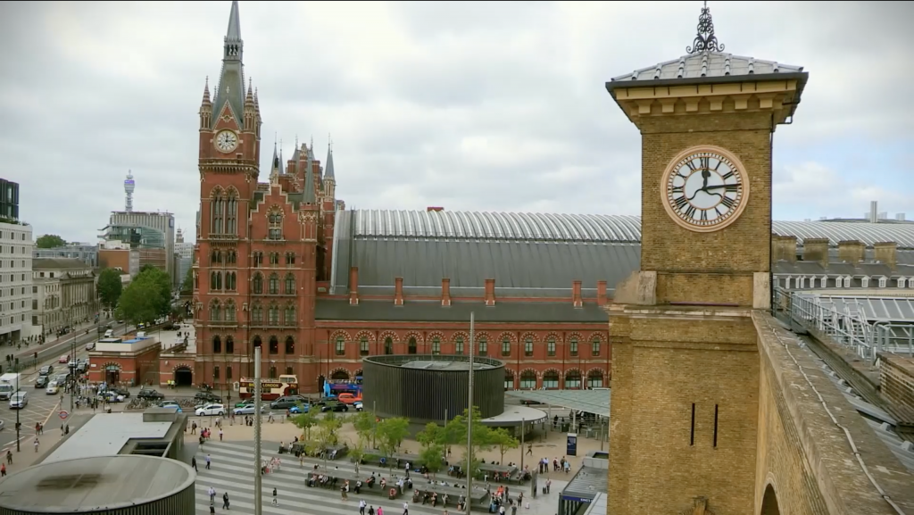 The clocktowers of London St Pancras International and London King's Cross, daytime