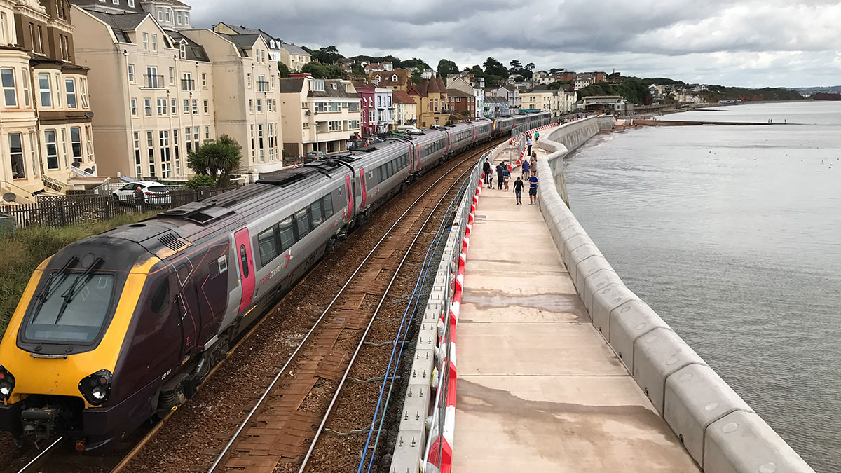 Train running along the new Dawlish sea wall