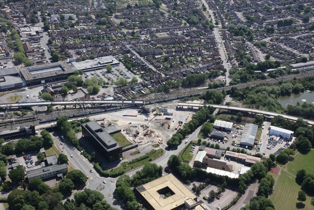 Aerial view of the Bletchley fly over being removed. 