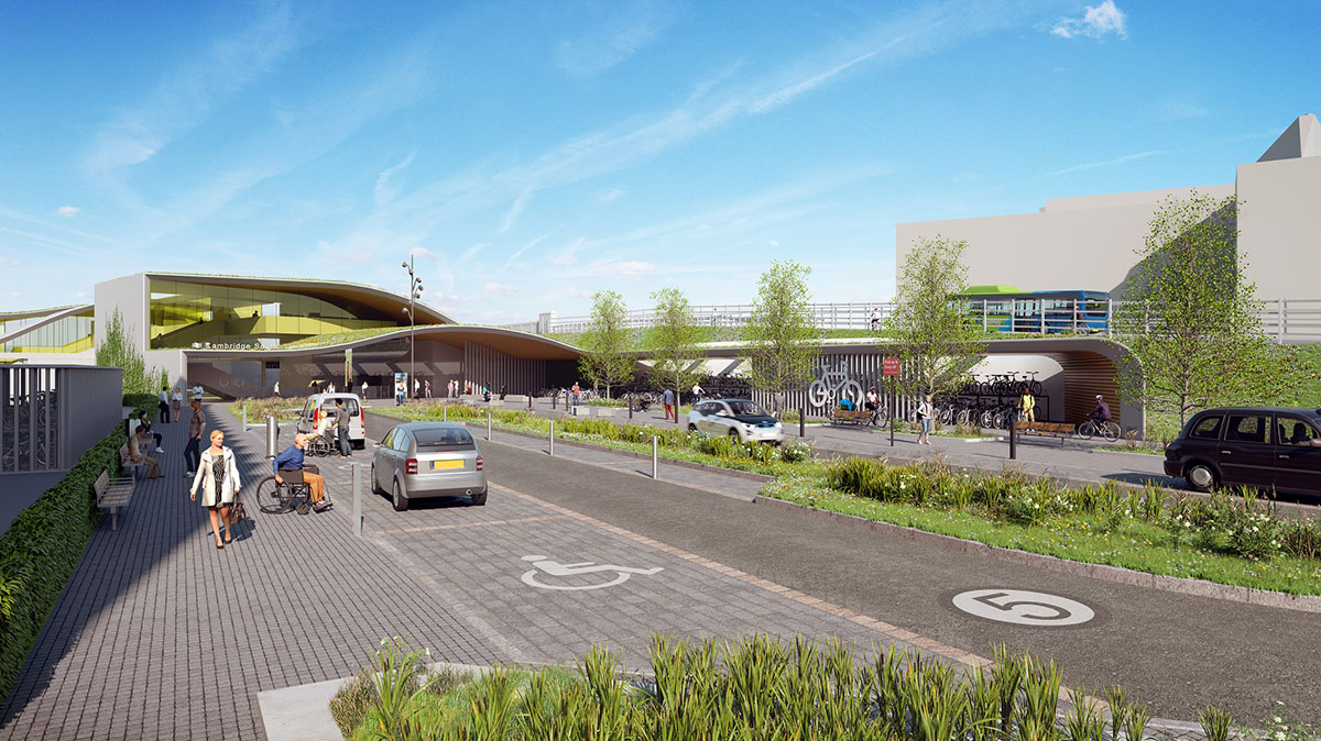Visualisation of Cambridge South station from the east