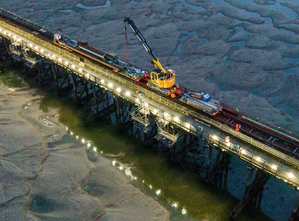 Aerial view of nightime work at Barmouth Viaduct